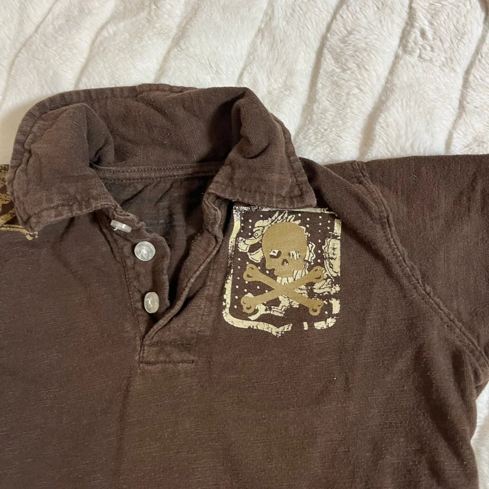 Y2K Baby Infant 24M Cotton Brown Tan Pirate Skull Crossbone Polo Disneybound Top